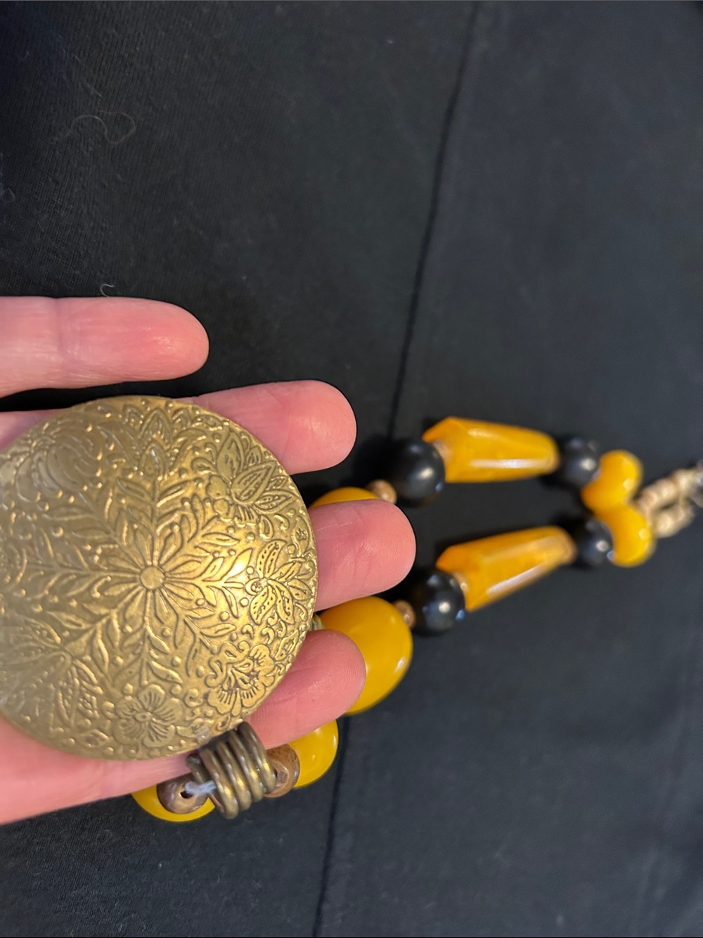 Handcrafted Yellow Beaded Statement Necklace with Ornate brass floral Pendant image 6